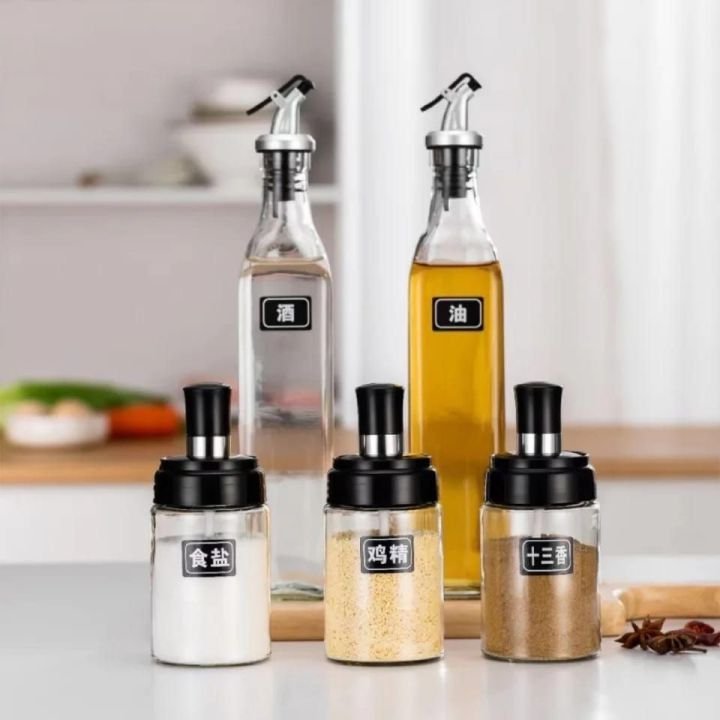 5pc set Glass oil bottle and seasoning bottle with lid