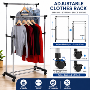 Adjustable Double Rod Clothes Rack with Wheels