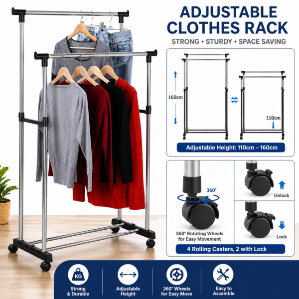 Adjustable Double Rod Clothes Rack with Wheels