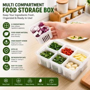 Multi-Compartment Food Storage Box with Drain Baskets