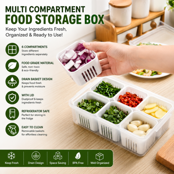 Multi-Compartment Food Storage Box with Drain Baskets