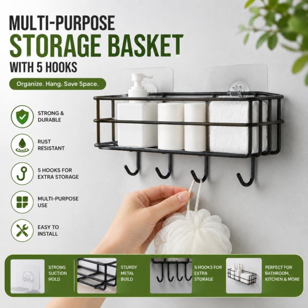 Multi-Purpose Storage Basket Rack with Hooks