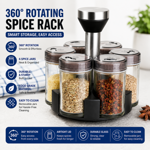360° Rotating Spice Rack with 6 Glass Jars