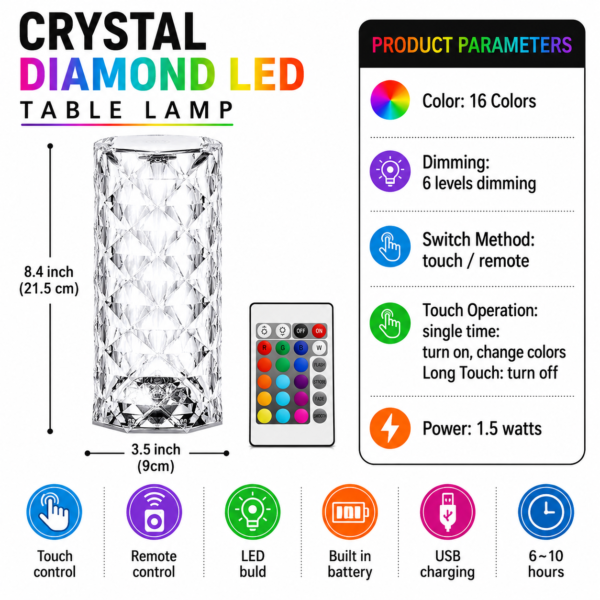 16 Crystal Diamond LED Table Lamp (16 Colors)